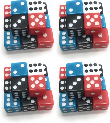 Vista 6 de 100 dados a granel de 0.630 pulgadas, 4 colores surtidos (rojo, azul, negro y blanco)