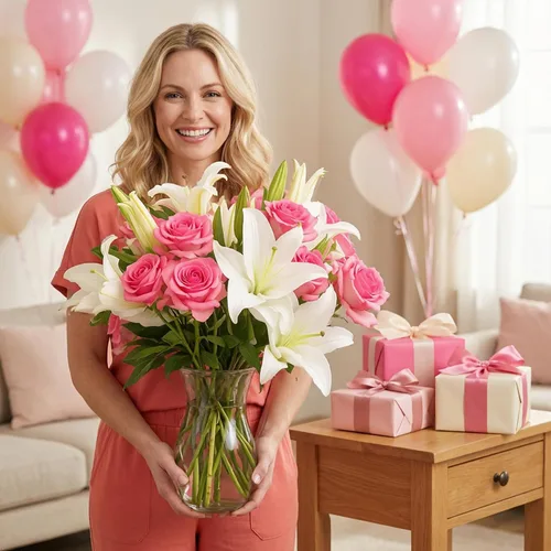 Vista 5 de Benchmark Bouquets - Rosas rosas y lirios, jarrón incluido, flores frescas cortadas y cultivadas, regalo para decoración del hogar, cumpleaños