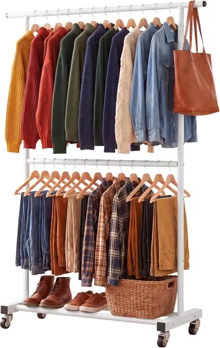 Vista 11 de Sywhitta Perchero de ropa de doble barra, organizador de ropa con ruedas para colgar ropa, fácil de montar, ajustable, negro (paquete de 2)