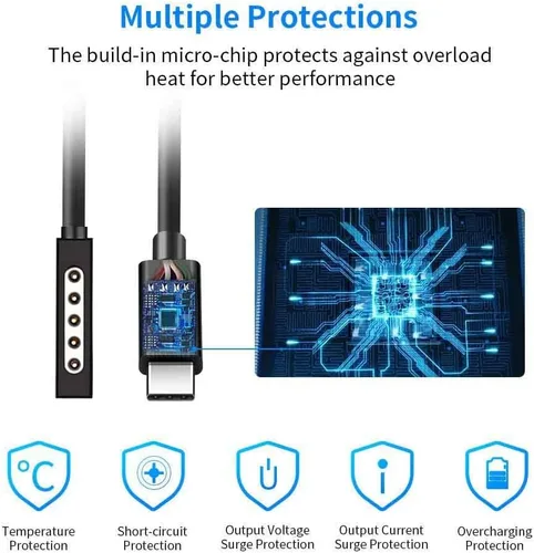Vista 6 de Cable de carga USB C para Surface RT y Pro 1 2 (negro de 6 pies), funciona con cargador USB-C de 15 V/3A 45 W, compatible con Microsoft Surface 1512