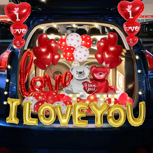 Vista 3 de Globos de San Valentín para Decoración del Día de San Valentín Globos con "I Love You" y Globos de Corazón Kit con 1000 Piezas de Pétalos de Rosa