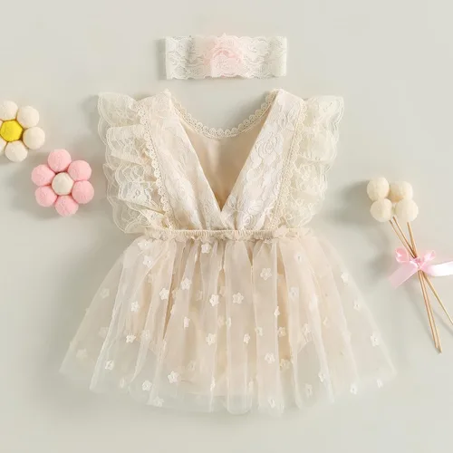 Vista 6 de Ropa de bebé niña de verano de encaje mameluco mameluco mameluco manga con volantes sin espalda body traje de una pieza
