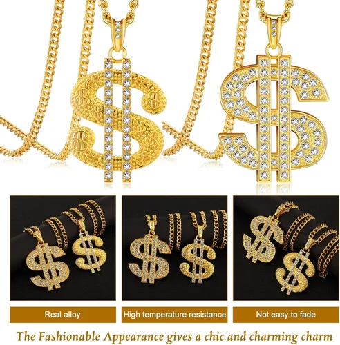 Vista 3 de Tatuo 2 piezas de cadena chapada para hombre con colgante de signo de dólar, collar de dólar hip hop