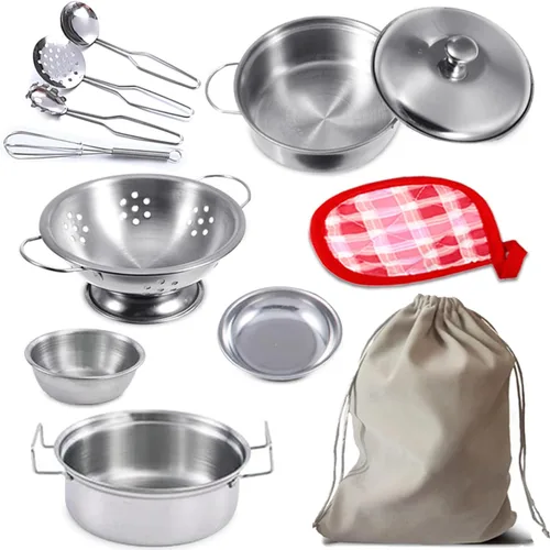 Vista 7 de Utensilios de cocina en miniatura, juguetes de cocina de juego de simulación, juego de cocina de acero inoxidable, juguetes de juego Montessori