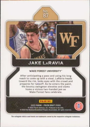 Vista 2 de Panini Prizm Draft Picks #87 Jake LaRavia Wake Forest Demon Deacons RC Rookie Basketball Trading Card 2022-23
