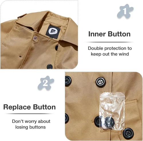 Vista 5 de FARVALUE Gabardina impermeable para mujer, larga, doble botonadura, rompevientos, clásica, con cinturón, solapa con capucha extraíble