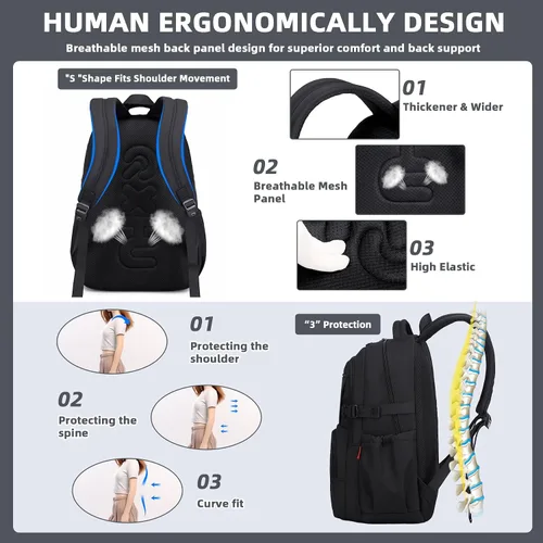 Vista 3 de ASKSKY Mochila para la escuela, mochila ligera para niños y niñas, mochila escolar para adolescentes, para hombres y mujeres, Negro -, Mochilas