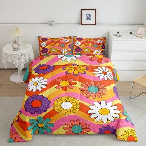 Vista 35 de Lindo juego de edredón de flores para niños y mujeres. Juego de ropa de cama de flores coloridas de dibujos animados, tamaño individual, bonito