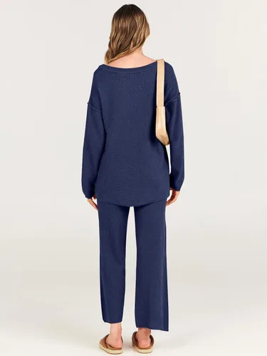 Vista 6 de ANRABESS Conjunto de 2 piezas para mujer, conjunto de suéter holgado holgado de punto de gran tamaño, conjunto de ropa de descanso a juego de moda