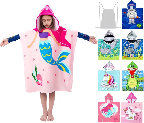 Vista 12 de growell Toallas de playa con capucha para niños - Toalla de baño para niños pequeños niñas niños, cubiertas de natación para niños de 4 a 10 años