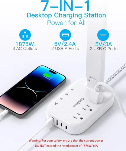 Vista 8 de One Beat lámpara de escritorio LED pequeña con extensión de 5 pies, tira de corriente con 3 tomas de corriente, 4 puertos USB (2 USB C), 4 modos, 5