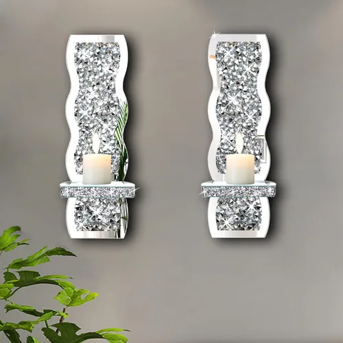 Vista 12 de ZOLAPI Juego de 2 candelabros de cristal con diamantes triturados, espléndido candelabro de pared con espejo plateado redondo, candelabros de vela