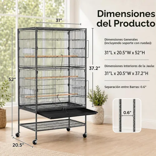 Vista 4 de Jaula para pájaros Yaheetech de 132 cm de pie, jaula grande de acero forjado para loros, jaula de vuelo para cacatúas grises africanas, cuáqueros