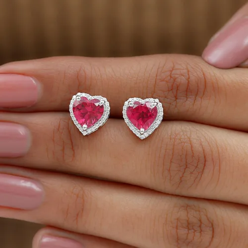 Vista 5 de 3.5 CT Lab Created Ruby and Moissanite Earrings, Created Ruby Stud Earrings with Moissanite Halo, Created Ruby Heart Stud Earrings, 14K Solid Gold