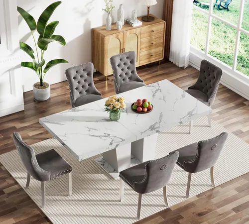 Vista 120 de Juego de mesa de comedor extensible marrón de 63 a 78.74 pulgadas para 4, juego de mesa de comedor de 5 piezas con 4 sillas, mesa de cocina