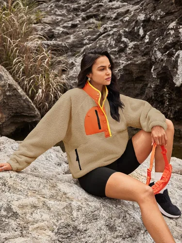 Vista 6 de Nirovien - Chaqueta de forro polar con capucha para mujer, manga larga, sherpa, sudadera mullida, abrigada, con botones y bolsillos Un rosa