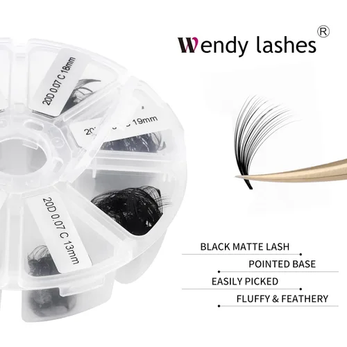 Vista 24 de Extensiones de pestañas de 1200 fans, prefabricadas, con volumen, 9-20mm, bandeja mixta, 20D, con punta en C, base puntiaguda, extensiones