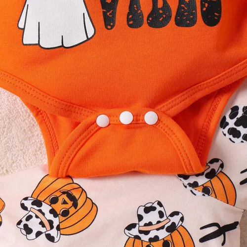 Vista 5 de HAPPYMA Conjunto de ropa de Halloween para bebé niña, traje de calabaza y fantasma, letras impresas con letras y pantalones de campana de calabaza
