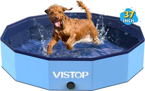 Vista 14 de VISTOP Piscina plegable para perros de 97 pulgadas con rociador, piscina grande de carcasa dura para mascotas, piscina plegable antideslizante