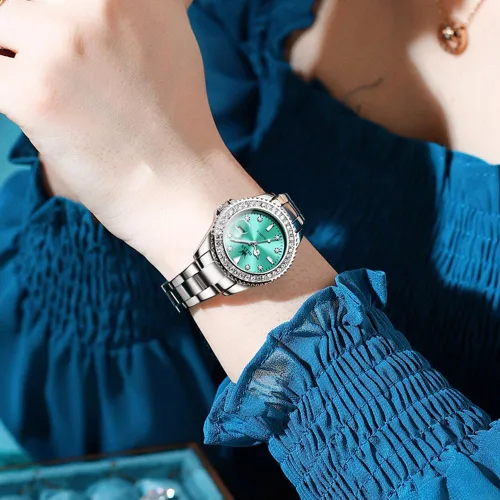 Vista 2 de OLEVS Reloj de pulsera de oro para mujer, con diamantes de lujo, de acero inoxidable, impermeable, luminoso, fecha