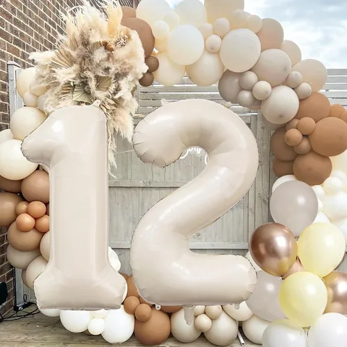 Vista 4 de Globo color crema número 1 de 40 pulgadas, color beige nude, número 1, con globos de arena blanca, globos beige nude champán, crema neutra