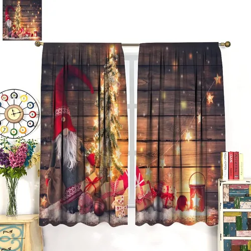 Vista 3 de Cortinas de Navidad de gnomo, bolas de árbol de Navidad, luces, regalos, decoración de tablones para sala de estar, dormitorio, bolsillo para barra
