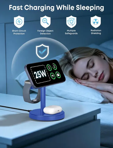 Vista 8 de Aeinidi Estación de carga rápida inalámbrica 3 en 1 de 25 W para cargador MagSafe de Apple Azul