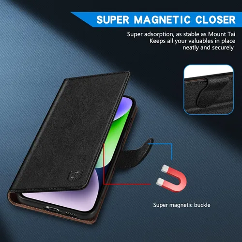 Vista 3 de ZZXX Funda tipo cartera para iPhone 14 Plus con bloqueo RFID, ranura para tarjetas, función atril, cierre magnético, funda protectora de cuero Negro