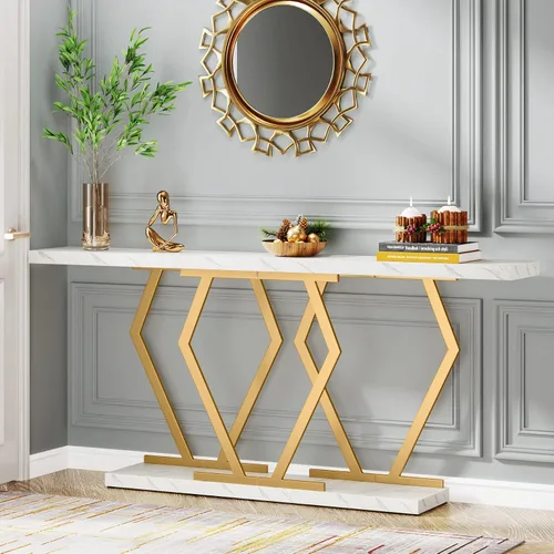 Vista 8 de Tribesigns - Mesa de sofá extra larga de 70.9 pulgadas. Mesa consola en negro y dorado con superficie de mármol sintético, mesa larga moderna