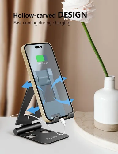 Vista 5 de Aoviho Soporte plegable para teléfono celular para escritorio, soporte ajustable para oficina, videollamadas y transmisión, base de teléfono de Negro