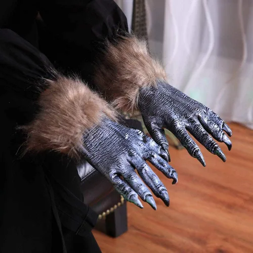 Vista 7 de Manos de hombre lobo de Halloween, garras de hombre lobo G-loves, látex lobo G-ama manos peludas aterradoras para fiesta de hombre lobo, accesorios