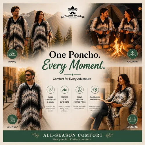Vista 4 de Artisans Bazaar Poncho tradicional mexicano de Baja para hombres y mujeres, auténtico sarape de Gaban, manta de vaquero Pancho Jorongo Aguamarina