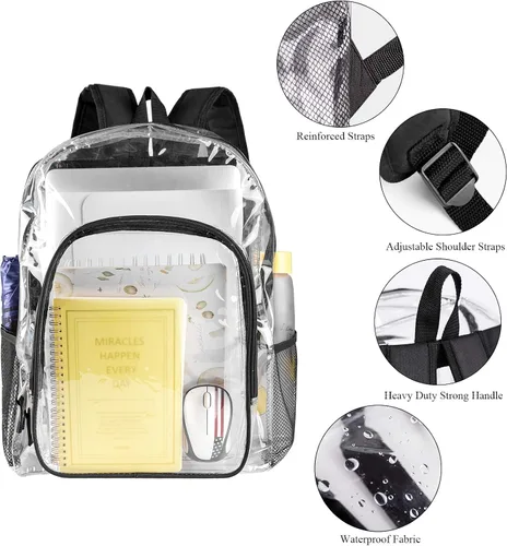 Vista 2 de Fomaris Mochila transparente transparente de plástico para concierto escolar, 2 piezas-negro, Escuela