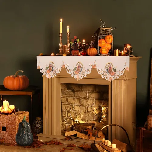 Vista 4 de Mantel bordado de pavo para decoración de vacaciones de Acción de Gracias (70 x 17 pulgadas)