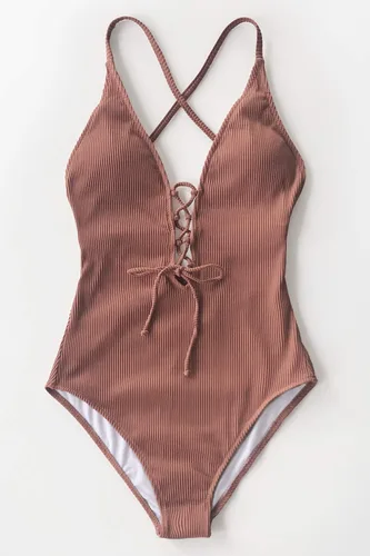 Vista 4 de CUPSHE Traje de baño de una pieza con cordones, cuello en V y color liso para mujer