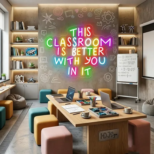 Vista 5 de Letrero de neón multicolor con texto en inglés «This Classroom is Better With You In It» para decoración de pared de aula, alimentado por USB