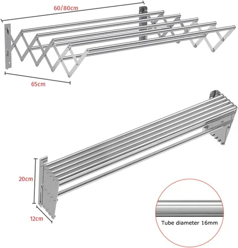 Vista 4 de Extendable Stainless Steel Clothes Drying Racks, Wall Mounted Laundry Drying Rack, Space-Saver Stainless Steel Accordion Retractable Drying Rack