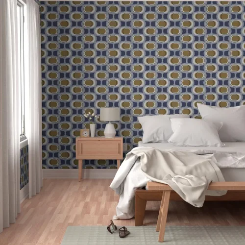 Vista 5 de Spoonflower Orbs Navy Brown Mid Peel and Stick Removable Wallpaper Sample 12" x 24" 1950S 1960S 1970S Retro Circles Artistic Self-adhesive