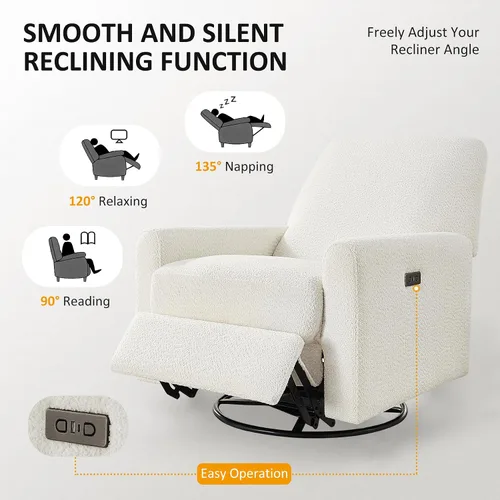 Vista 6 de VANOMi Silla reclinable mecedora eléctrica, deslizador giratorio de 270° Blanco
