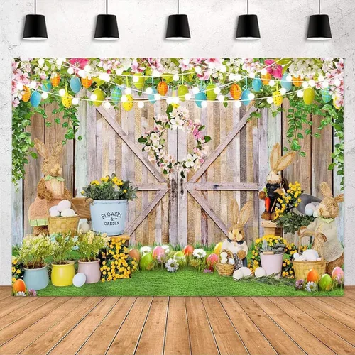 Vista 2 de Avezano Fondos de Pascua de primavera para fotografía, pancarta de feliz Pascua, decoración de puerta de granero, conejito, huevos coloridos, baby