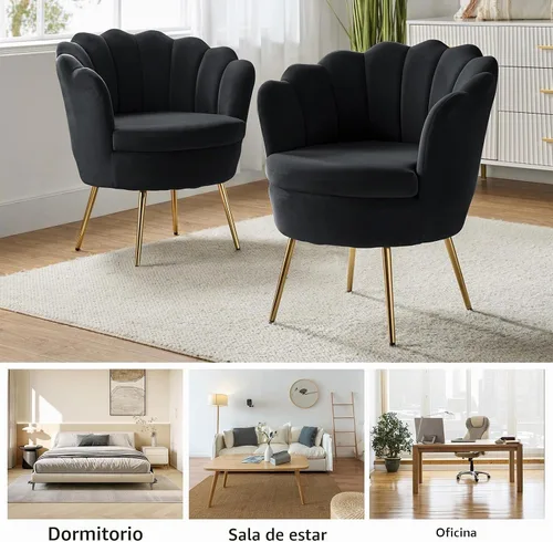 Vista 7 de HULALA HOME Silla decorativa moderna de terciopelo con respaldo en forma de concha, bonito sillón para sala de estar, dormitorio con patas doradas
