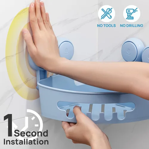 Vista 2 de LEVERLOC Organizador esquinero para ducha con ventosa, cesta de ducha potente con ventosa, organizador impermeable y resistente al óxido