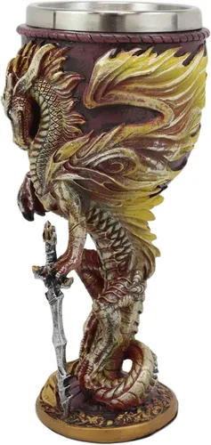 Vista 3 de Ebros Ruth Thompson Dragon's Lair Collection Dragón alado con espada divina de 8 onzas, copa de cáliz de vino de resina con forro de acero Llama