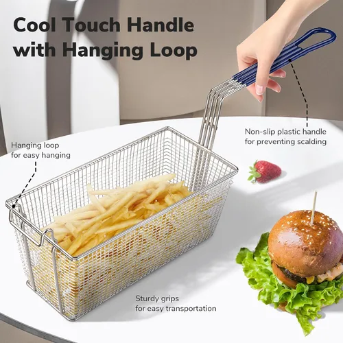 Vista 4 de 2 cestas para freidora profunda con mango antideslizante, construcción de hierro chapado en níquel resistente, 13 1/4 x 6 1/2 x 6 pulgadas, uso