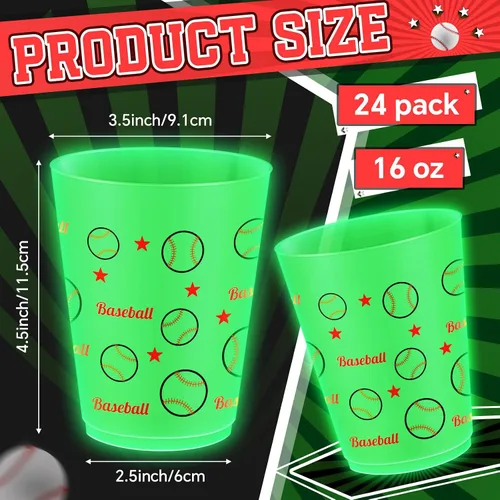 Vista 2 de 24 vasos de béisbol que brillan en la oscuridad, vasos de plástico esmerilados de 16 onzas, vaso verde reutilizable con patrones de estrellas