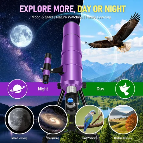 Vista 7 de Telescope for Adults & Kids, 90mm Aperture 600mm Refractor Telescope for Astronomy Beginners, Portable Travel Telescopes with Tripod, Phone Adapter