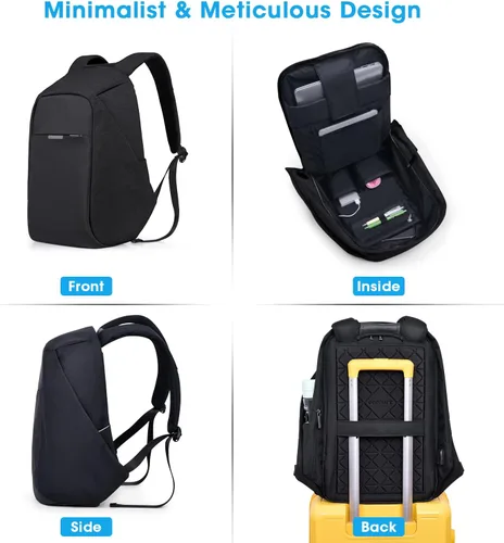 Vista 5 de Mochila de viaje antirrobo portátil, mochila para laptop con puerto de carga USB., Negro