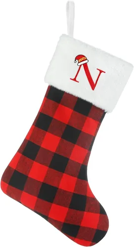 Vista 15 de Senneny - Medias de Navidad con iniciales, 20" grandes rojas y negras a cuadros de búfalo, monograma, medias de Navidad con puño de felpa blanca