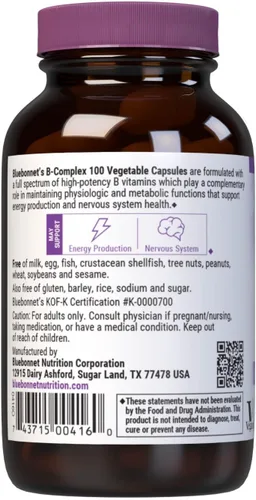 Vista 3 de Bluebonnet Nutrition B Complex 100 cápsulas vegetales, espectro completo completo, vitamina B6, B12, biotina, folato, vegano, vegetariano, sin