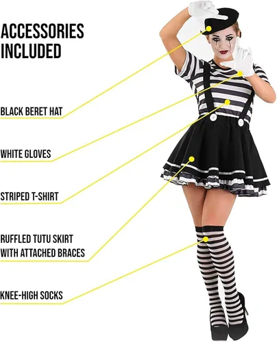 Vista 3 de Fun Shack Disfraz de Mime para mujer artista disfraz de Halloween para mujeres y adultos disponible en tallas S M L XL Blanco